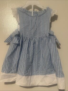 Rare Editions Blue & White Gingham Lace Trim Dress